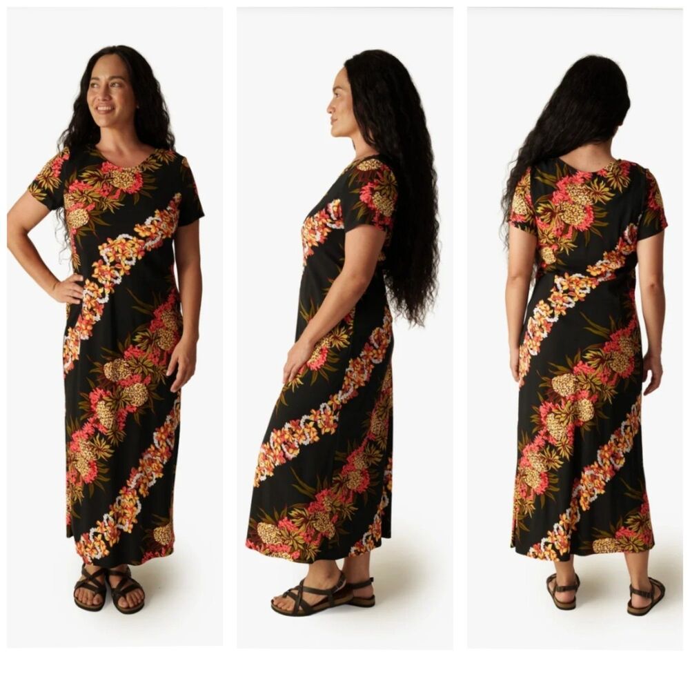hilo hattie hawaiian Pineapple Panel Long Black dress large Made In Hawaii